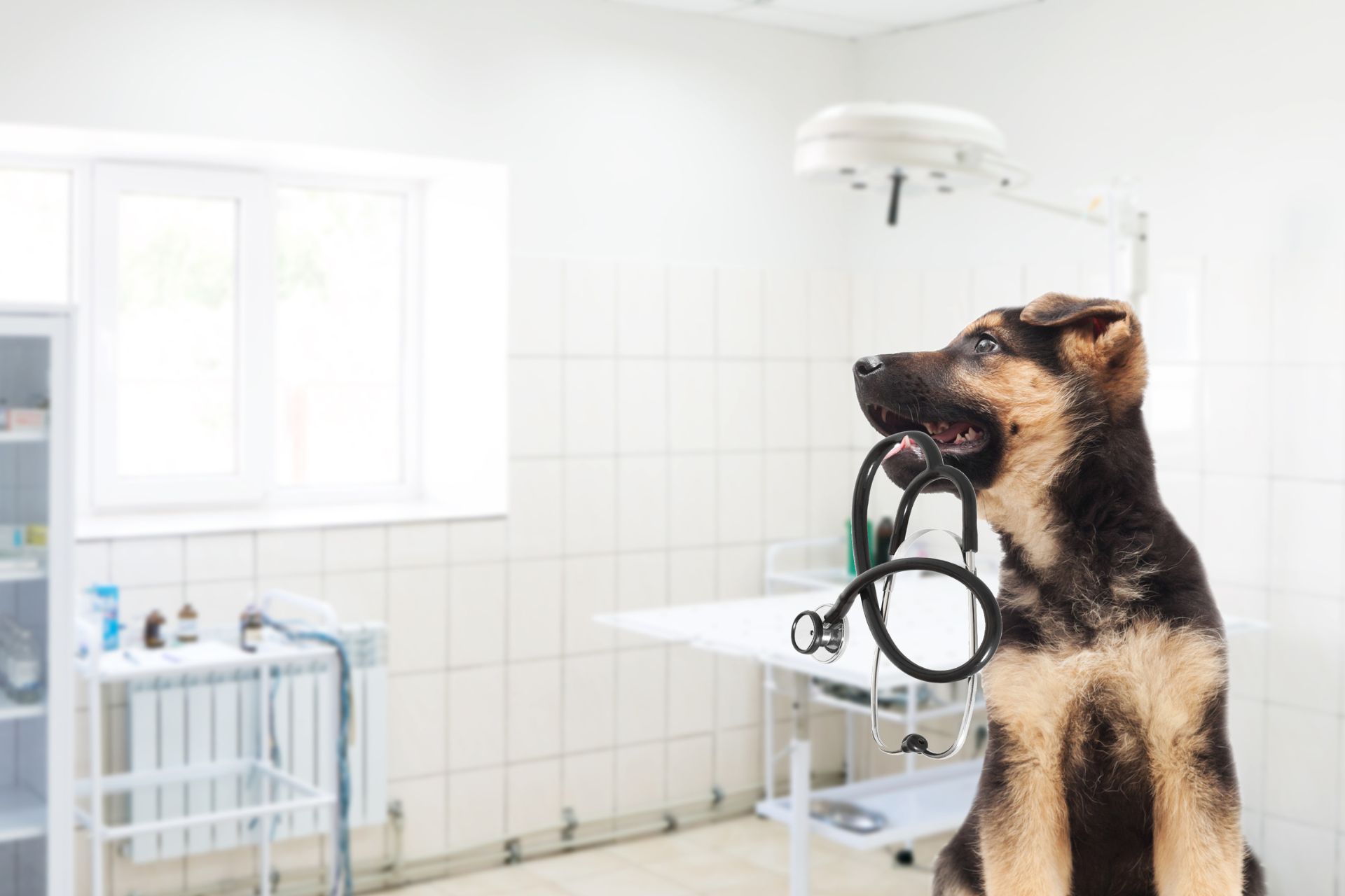 a dog with a stethoscope in its mouth
